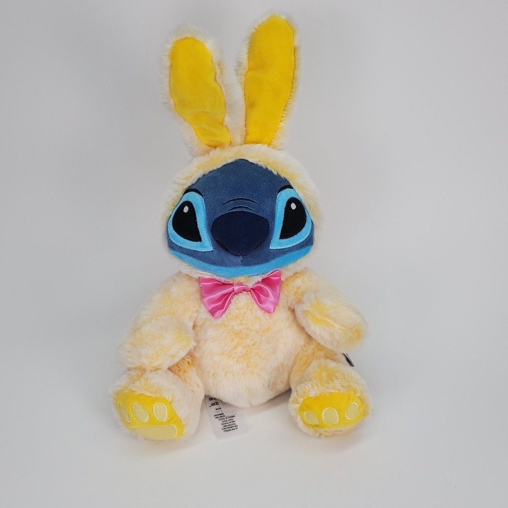 Disney Store 2021 Stitch Easter Bunny Plush Yellow Costume Pink Bow 15 Inch NWT